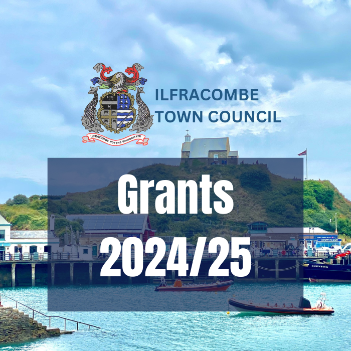 Image background of Ilfracombe Harbour with the Ilfracombe Town Council logo and the text Grants 2024/25