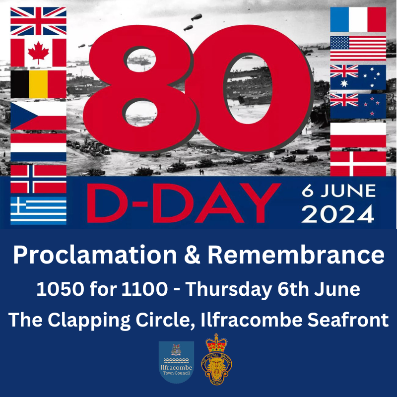 Image with D Day 80 set over a backgound of black and white photo of landings with national flags of the allied forces that took part details the date and time of the event. 6th June 2024 at 1050am