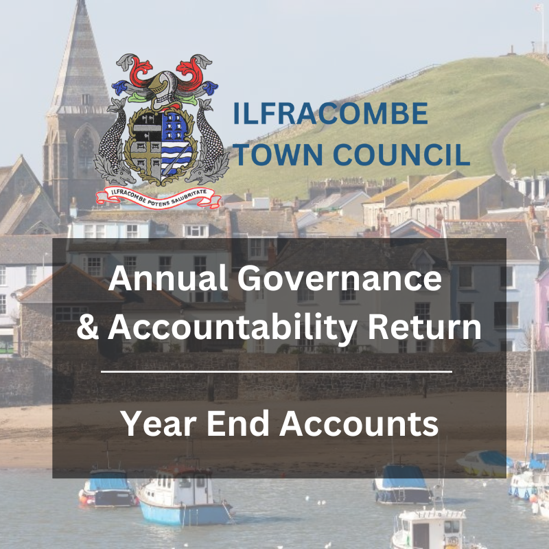 Image of Ilfracombe with the Town Council crest linking to the Annual Finance return and the AGAR 2024