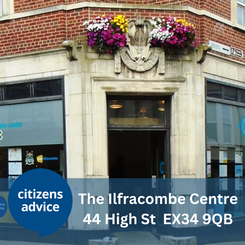 Image of the Ilfracombe Centre featuring the Citizens Advice logo and the postal address of the centre
