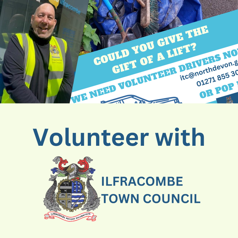 Image with the words Volunteer with above the Town Council Crest featuring an image above of a local volunteer in a hi-viz jacker, an image of a spade and broom above a poster advertising for voulunteer drivers.
