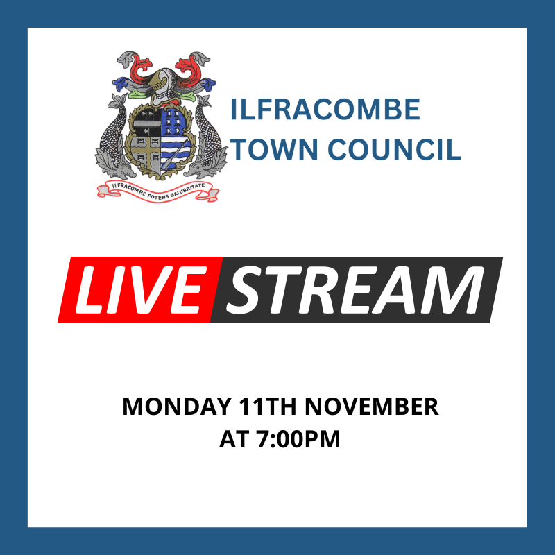Image is promoting the live streaming of the Town Council meeting on 11th NOvember 2024 and includes the ITC logo plus the wording Live Stream