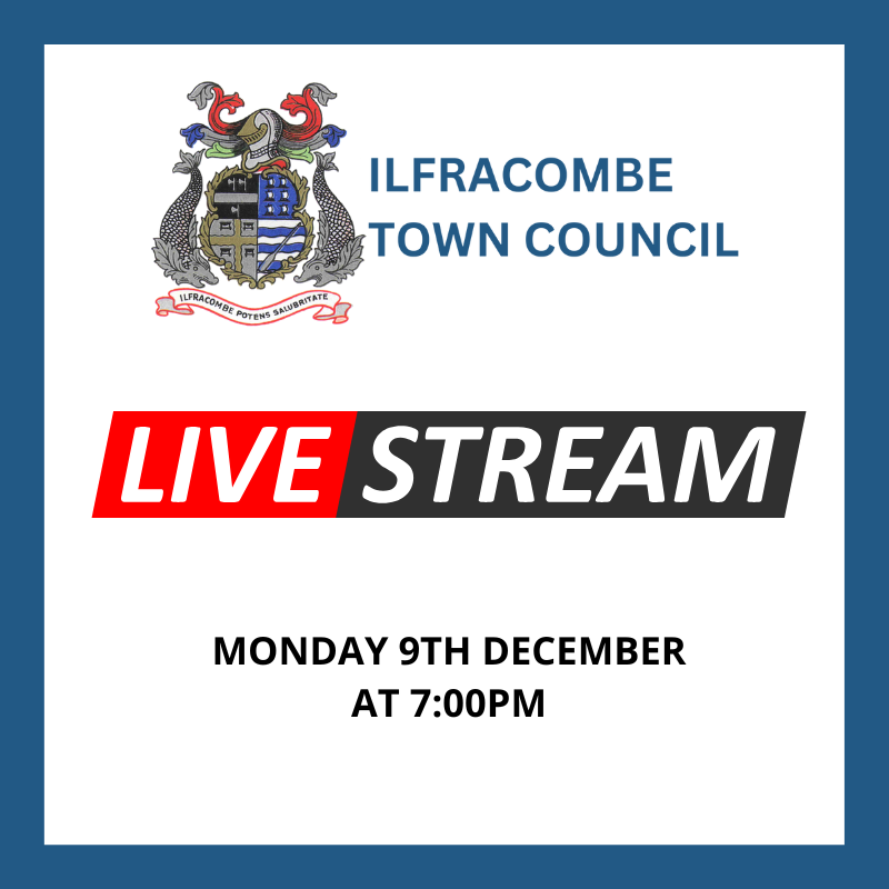 Image shows Town Council Crest above the words LIVE STREAM beneath which i sthe date Monday 9th December 2024 at 7:00pm