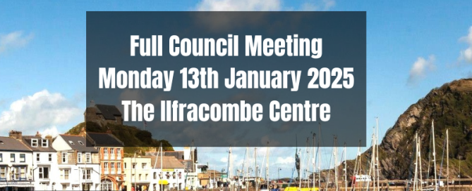Background image of Ilfracombe Harbur and boats on the water with the ITC and You Tube logos with the wording Full Council Meeting Monday 13th January 2025 The Ilfracombe Centre