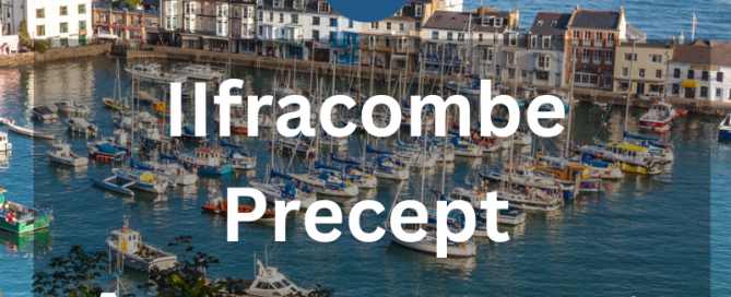 Image of Ilfracombe harbour with the wording Ilfracombe Precept announcement and the Ilfracombe crest overlaying the photo