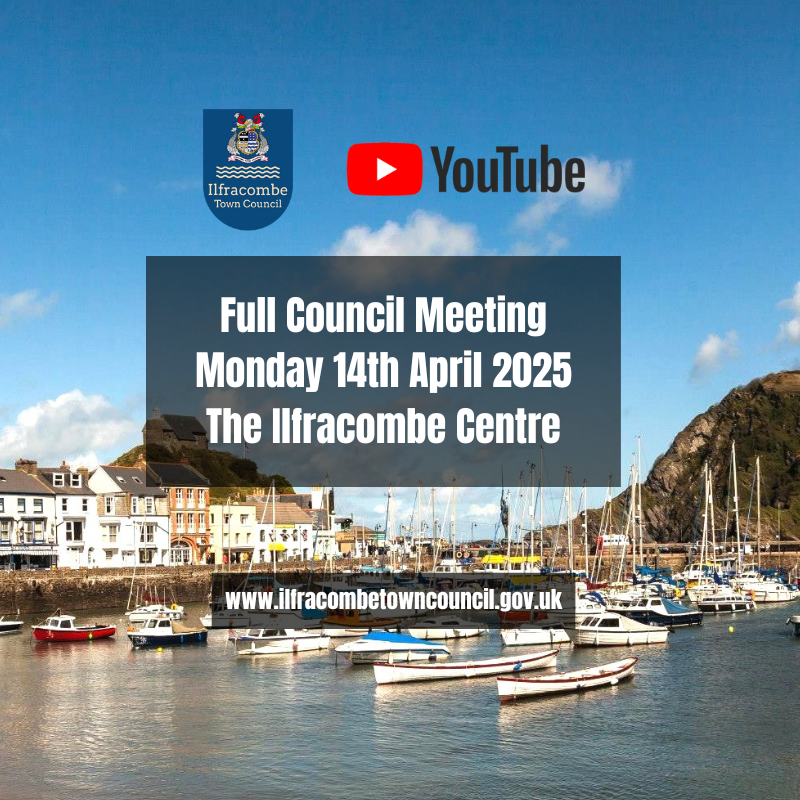 Background image of Ilfracombe Harbour overlaid with the ITC Crest the YouTube logo and the wording Full Council Meeting Monday 14th Aoril 2025 The Ilfracombe Centre