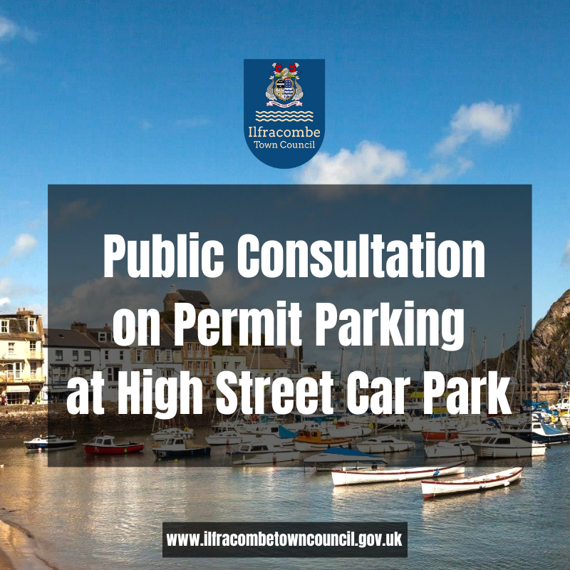 Text Public Consultation on High Street Parking Permits over a background image of Ilfracombe Harbour