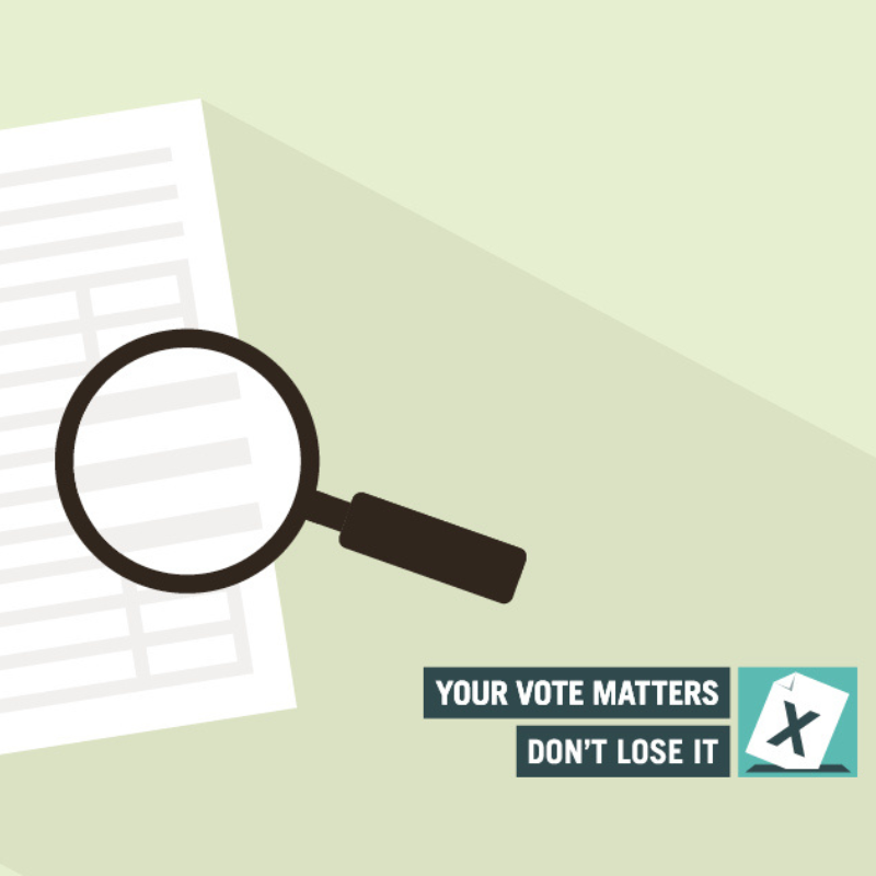 Text Your Vote Matters Don't lose it over a background that features a magnifying glass over a voting form.
