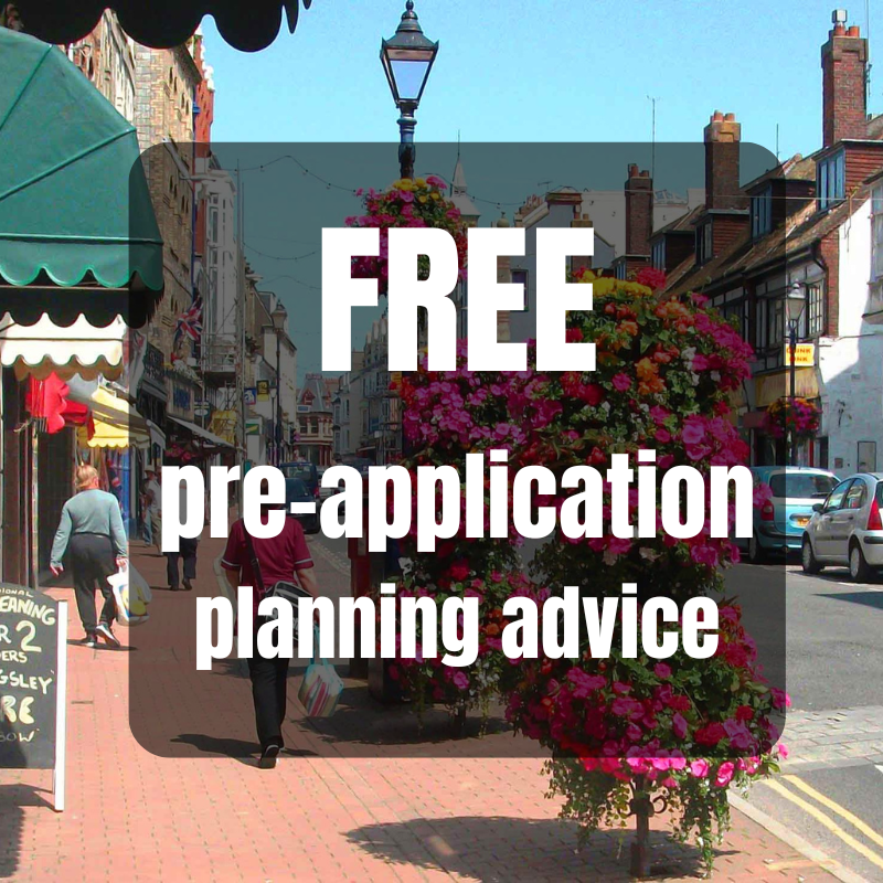 Image of Ilfracombe High Street overlaid with text that reads FREE pre-application planning advice