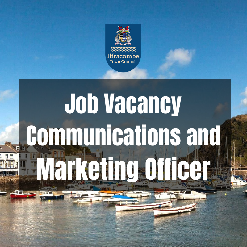Background of Ilfracombe Harbour overlaid with ITC Crest and wording Job Vacancy Communications and Marketing Officer