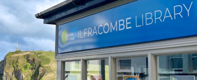 Image of Ilfracombe Library with Capstone Hill in the background on a sunny day with blue sky overlayed with ITC Crest and the wording Your Opinion matters